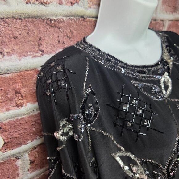 Argenti Silk Beaded Top S | Vintage Black Sequin Scallop Hem Party Eveningwear - Picture 4 of 7